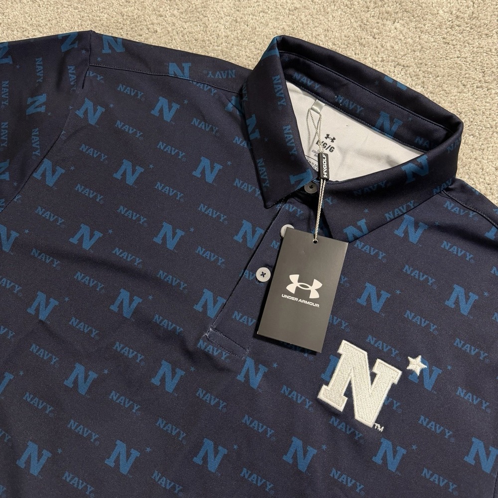 Under Armour Navy Midshipmen Shirt Mens L Blue Loose Fit Golf Polo AOP NWT